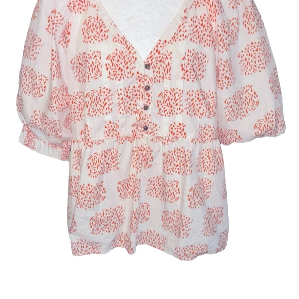 Anthropologie Moglea Danae White & Orange Puff Sleeve Babydoll Poplin Blouse - M